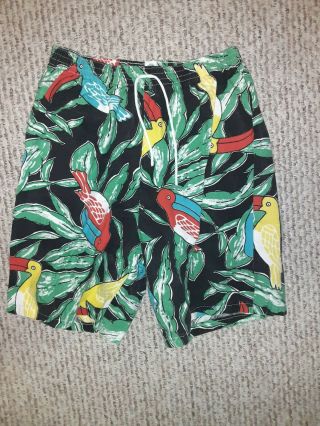 Vintage 80s 90s Rare Tropical Bird Toucan Surf Hawaii Swim Shorts L