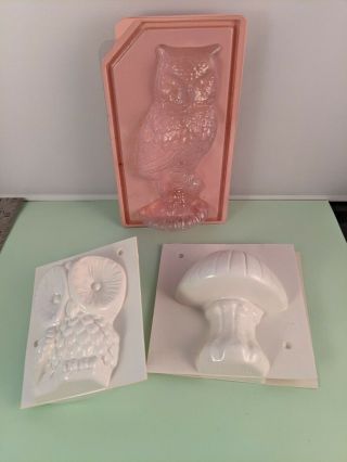 3 Vintage Plastic Candle/ Soap Molds 2 Owls,  Mushroom