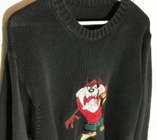 Tasmanian Devil Embroidered Black Knit Looney Tunes Calvin Klein Vintage Sweater