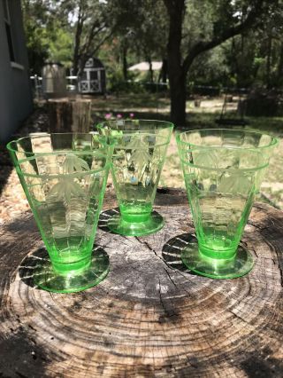 Vintage Etched Green Depression Glass Set Of 3 Footed Juice Glasses 4.  5 " Tall