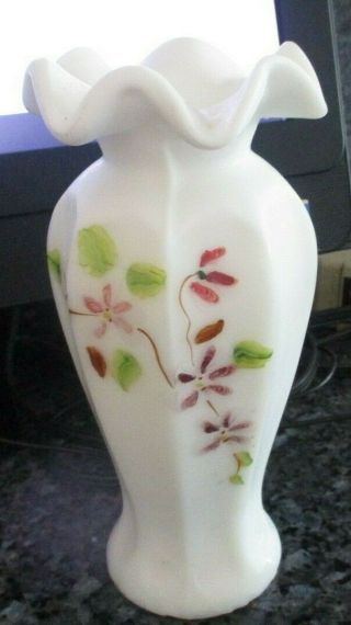 Vintage Fenton Hand Painted Frosted White Vase - 7 3/4 "
