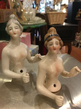 Pair Antique German Porcelain Half Dolls 3”,  2.  5” Hertwig?