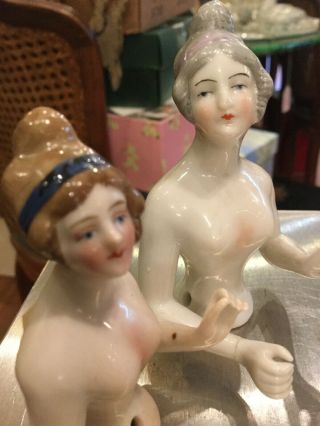 Pair Antique German Porcelain Half Dolls 3”,  2.  5” Hertwig? 3