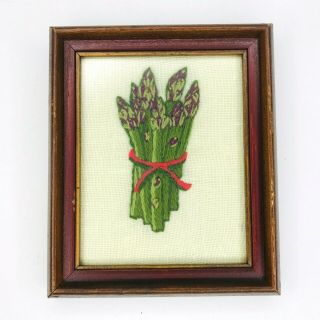 Vintage Embroidered Crewel Yarn Art Asparagus Vegetable Picture Wood Frame