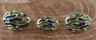 Vintage Silver Tone Tortoise Shell?green Blue Cufflinks & Tie Tack
