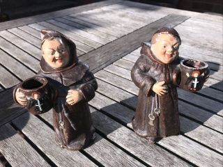 Vintage Pottery Figures Of A Monks / Friars Candle Holders