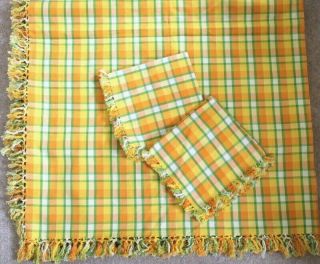 Vintage Bright Woven Cotton Yellow/orange Tablecloth,  4 Napkins 2.  20 M X 1.  50 M