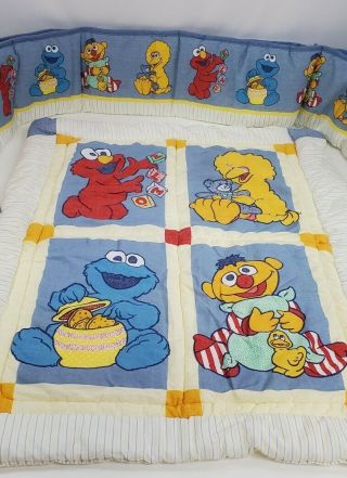 Vtg Riegel Sesame Street Crib Set Baby Quilt Bumper Elmo,  Big Bird,  Ernie,  Ect.