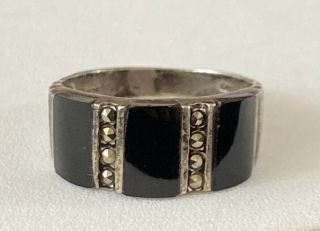 Vintage Designer Signed Sterling Silver Onyx Marcasite Ring Sz 8