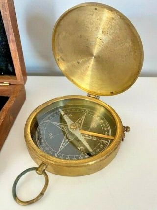 Vintage Antique Brass Compass In Wooden Box Anchor Nautical Decorative Decor
