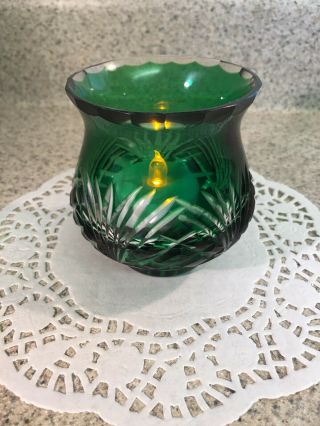 Vintage Emerald Green Cut To Clear Crystal Heavy Glass Candle Holder 3 1/4 "