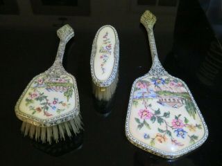 Vintage 1920’s Hair Brush,  Clothes Brush And Glass Mirror Vanity Set Gold.