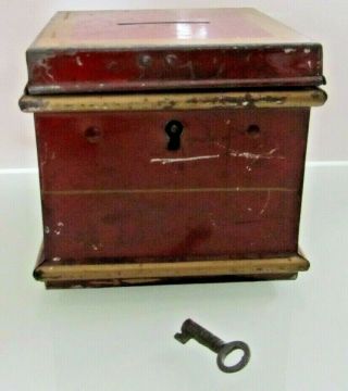 Antique Vintage Metal Tin Cash Money Box Cute And Key