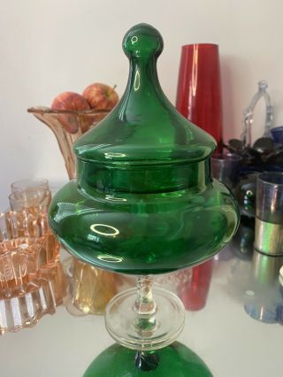 Mid Century Vintage Green Empoli Italian Art Glass Bonbon Lidded Apothecary Jar