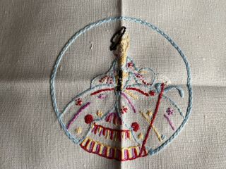 Vintage Crinoline Lady Hand Embroidered Cream Linen Sml.  Square Tablecloth