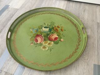 Large Antique Vintage Hand Painted Tole Ware Tray Signed 60cm Diameter