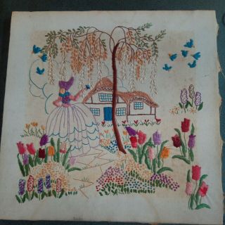 Vintage Crinoline Lady In Cottage Garden Embroidery On Canvas