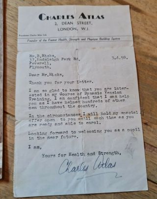 Vintage Charles Atlas Signed letter & book & other items.  1950. 3