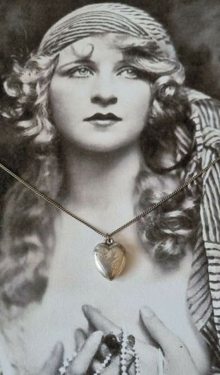 Vintage Art Deco Sterling Silver Heart Pendant Necklace Engraved Bird