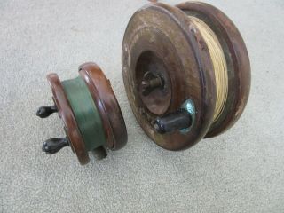 2 X Vintage Antique Wood & Brass Fly Fishing Reels 6 " And 4.  5 " Vintage Fishing