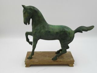 Vintage Style Green Metal Patinated Horse Figurine On Wooden Plinth (c867)
