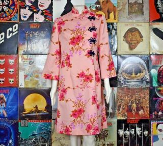 Vintage 70s Pink Floral Bell Sleeve Cheongsam Qipao Asian Style Midi Dress