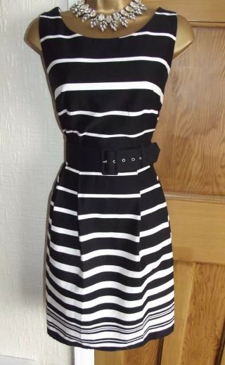 Wallis❤️ Vintage Style Black Striped Dress Size 12 P Wedding Party
