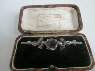 Vintage Sterling Silver Amethyst Faceted Glass Art Nouveau Style Brooch Pin