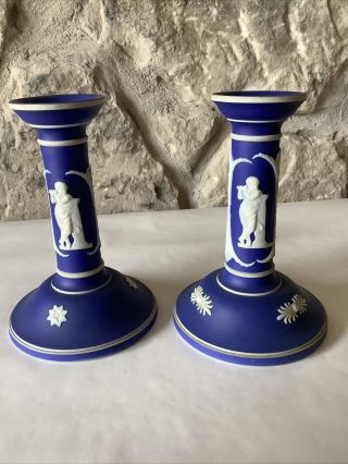 Vintage Wedgewood Jasper Ware Pair Candle Sticks Dark Blue