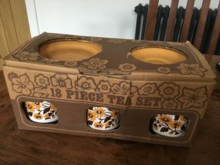 Vintage Tams 18 Pc Tea Set Orange Golden Brown Cups Saucers Plates Retro Boxed