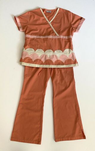 Reina Uniforms Women’s Medical Scrub Set Nurse Cute Salmon Scallop Design S Vtg