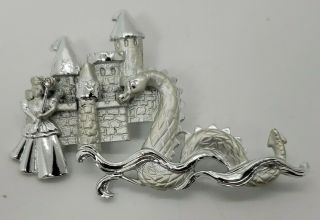 Vintage Silver Tone Signed Ajc Fairy Tale Castle Princess Dragon Brooch Pin