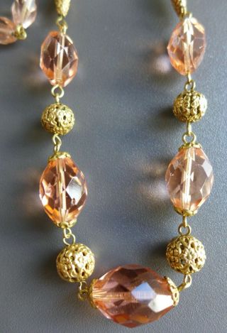 Lovely Long Vintage Art Deco Jakob Bengel? Pink Glass & Gold Tone Necklace