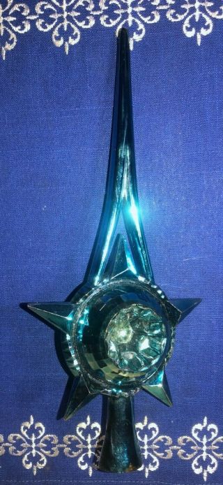 Vintage 10 " Christmas Tree Topper Blue Indent Star Disco Ball Plastic