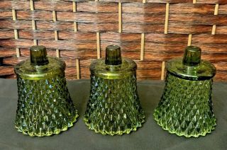 3 Vintage Green Glass Votive Candle Holders Peg Stem Diamond Pattern