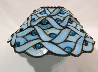 Vintage Tiffany Style Stained Blue Slag Glass Leaded Lamp Shade