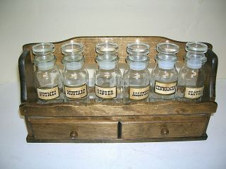 Vintage Wooden Spice Rack Wall Or Table Mount W/ 6 Spice Jars & 2 Drawers Japan
