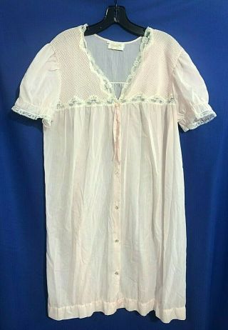 Vtg Cute Barbizon Pink Pleated/lace Thin Lawn Button - Up Robe/nightgown L