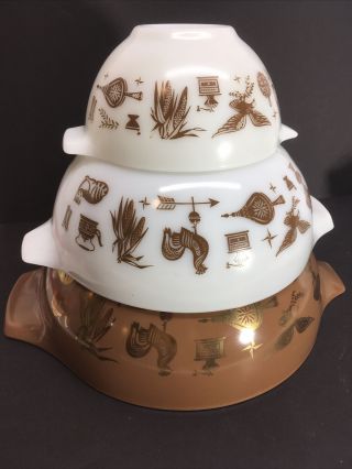 3 Vintage Pyrex Early American 444/443/441 Cinderella Nesting Mixing Bowls Brown