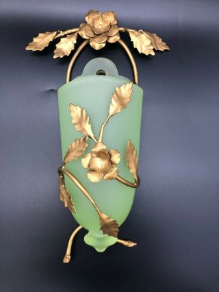 Vintage Green Glass Wall Hanging Vase With Gold Metal Flowers And Leaves
