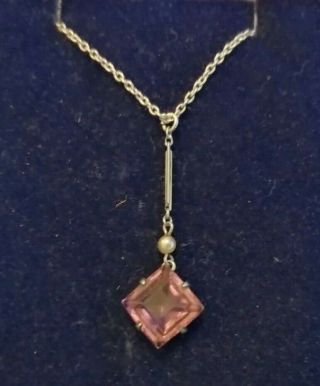 Vintage Sterling Silver Necklace With Seed Pearl And Pink Paste Stone