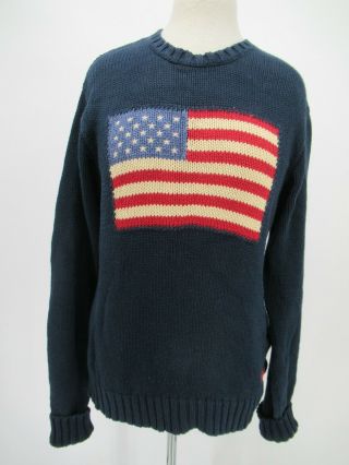 M4247 Vtg Polo Ralph Lauren Usa Flag Knitted Cotton Pullover Sweater Size Xl