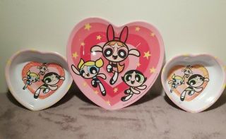 Vtg 1999 The Powerpuff Girls Heart Shaped Melamine Pink Plate Bowl Zak Designs