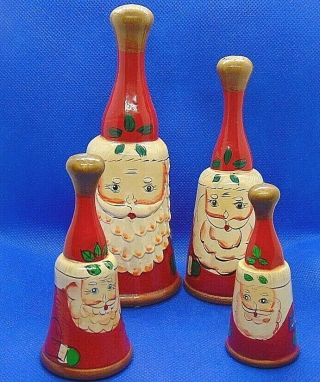 4 Vintage Wood Santa Claus Christmas Bells Enesco