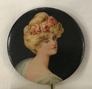 Vintage Pretty Lady Large 2.  25 " Celluloid Pin Back Pinback Button