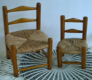 Set 2 Vintage Handmade Rush Seat Wood Doll Bear Chairs Sturdy Well Made