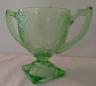 Vintage Green Depression Glass Open Sugar Bowl Handles Footed Double Handle Cup