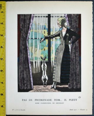 Gazette Du Art Deco Pochoir Prt.  P.  Brissaud,  Pas De Promenade,  Tom.  Il Pleut,  1921