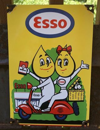 Vintage Esso Boy & Girl Scooter Porcelain Sign Motor Oil Drop 2 Stroke