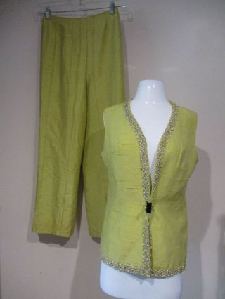 Alfred Werber Lime Green Silver Jeweled Trim Vintage 2pc Outfit Top Pants M
